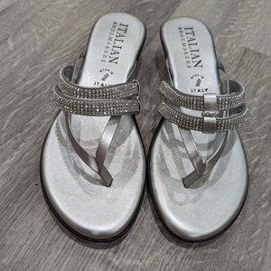 Silver sparkly sandals with slight heel
